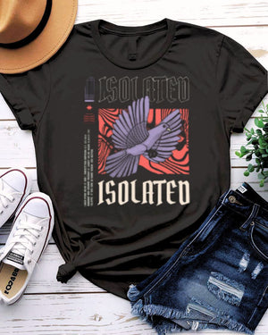 Isolated Streetwear Tee with lone figure on floating platform in fog on model