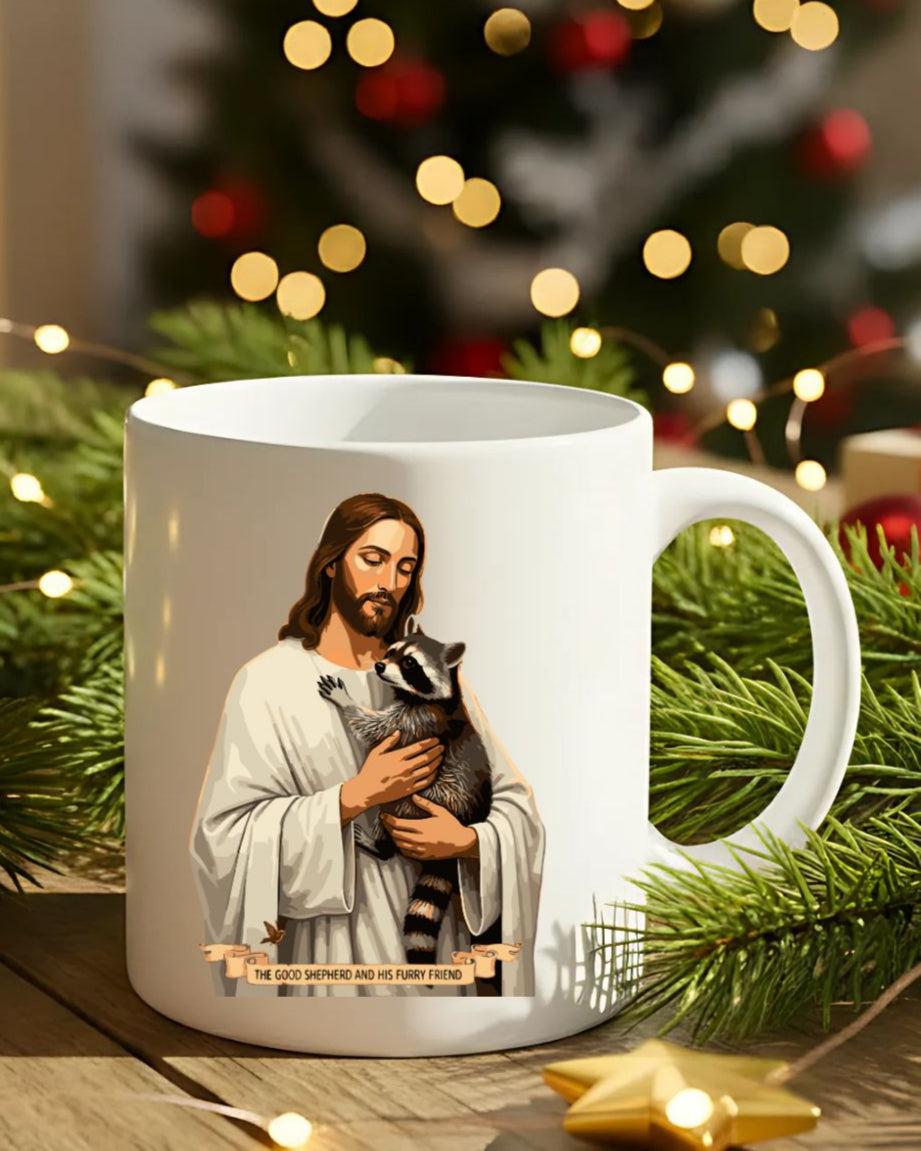 Jesus With Raccoon Mug – Funny meme ceramic coffee cup featuring Jesus with a raccoon design.