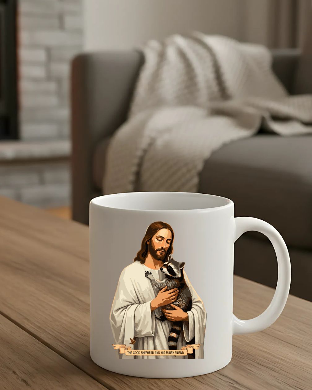 Jesus With Raccoon Mug – Funny meme ceramic coffee cup featuring Jesus with a raccoon design.