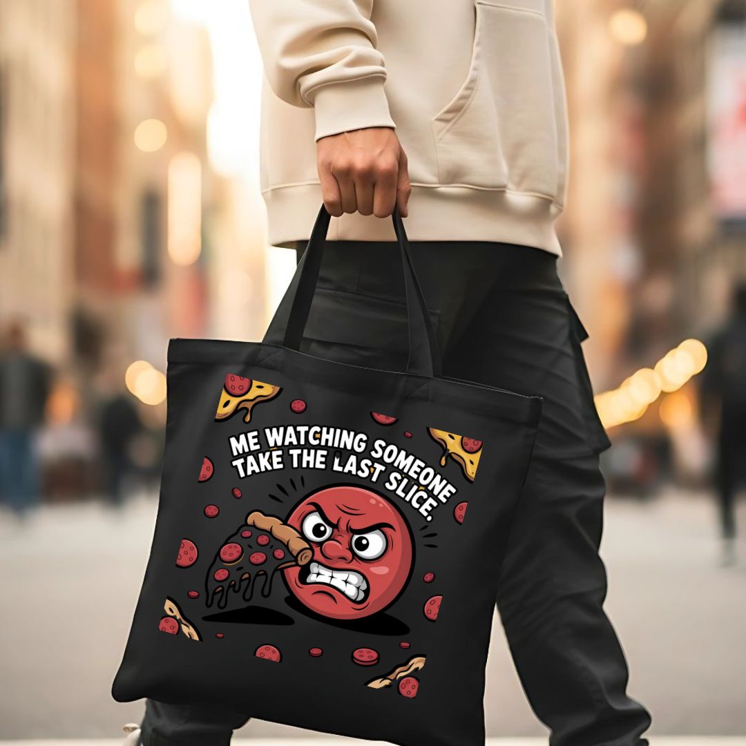 Last Slice of Pizza Meme Tote Bag Side Eyeing Chloe