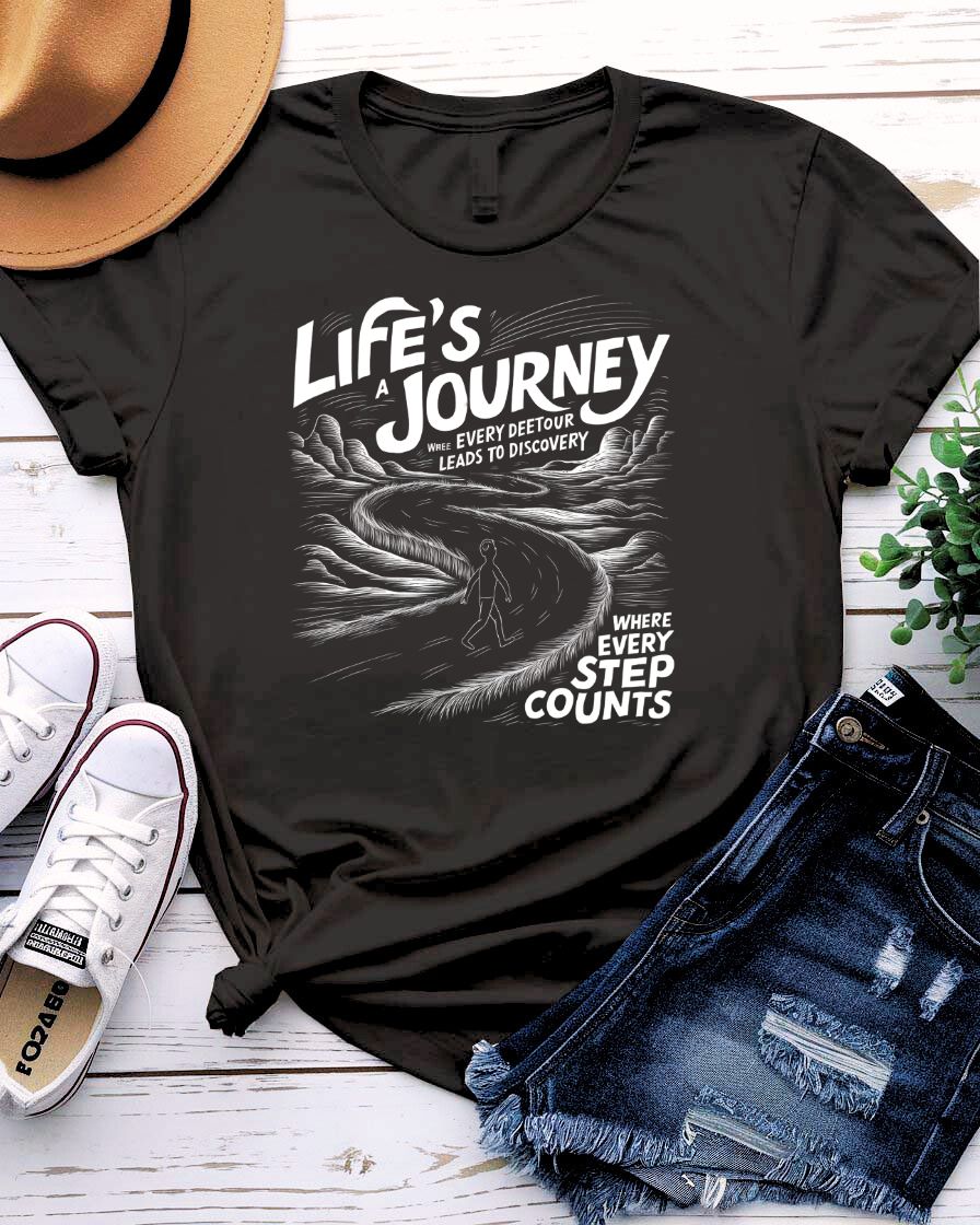 Life Is a Journey Streetwear Tee with winding mountain path on model