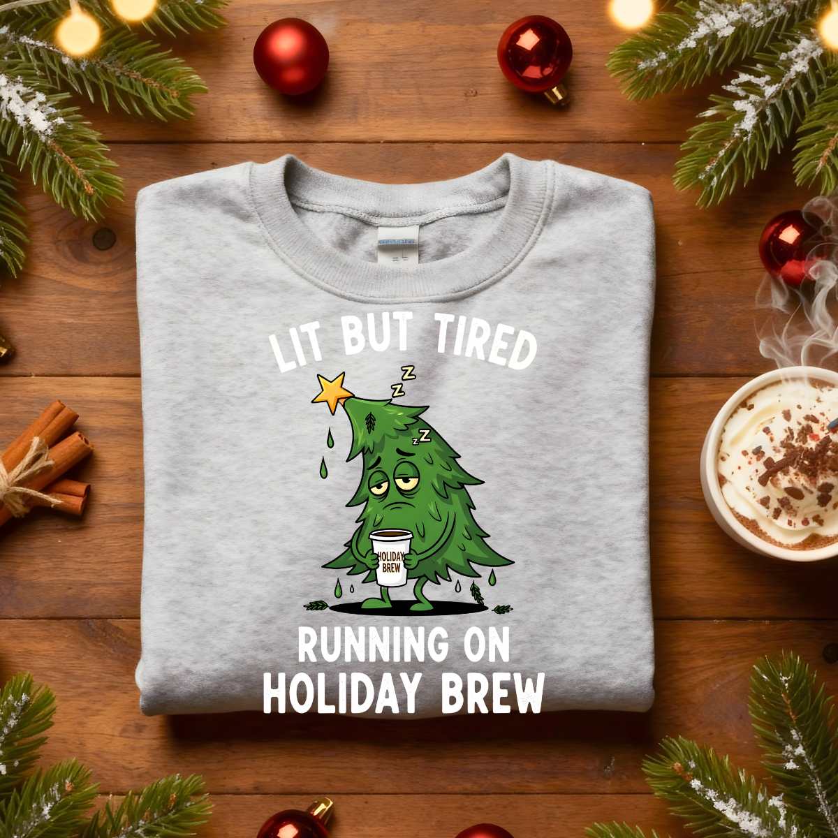 “Lit But Tired Christmas Sweatshirt – funny holiday meme sweatshirt for exhausted coffee lovers, cozy unisex fleece pullover from Memez.Store.