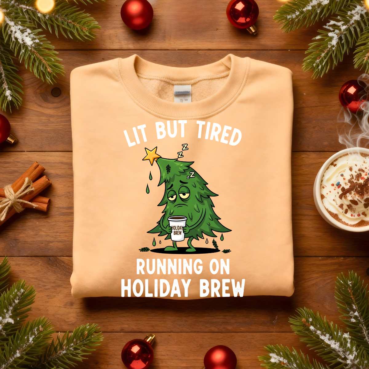 “Lit But Tired Christmas Sweatshirt – funny holiday meme sweatshirt for exhausted coffee lovers, cozy unisex fleece pullover from Memez.Store.