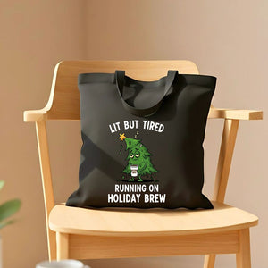 Lit But Tired Christmas funny relatable holiday tote bag