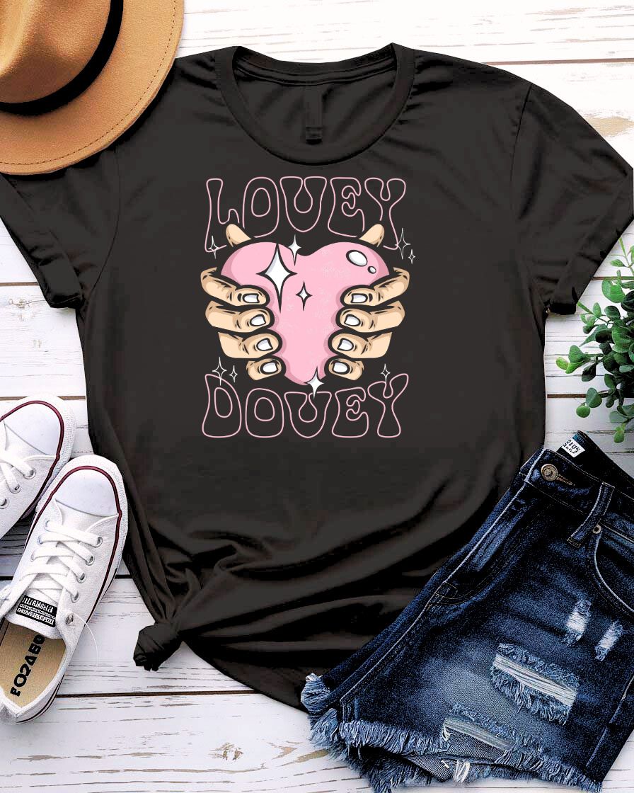 Lovely Dovey streetwear tee with minimalist heart graphic on couple
