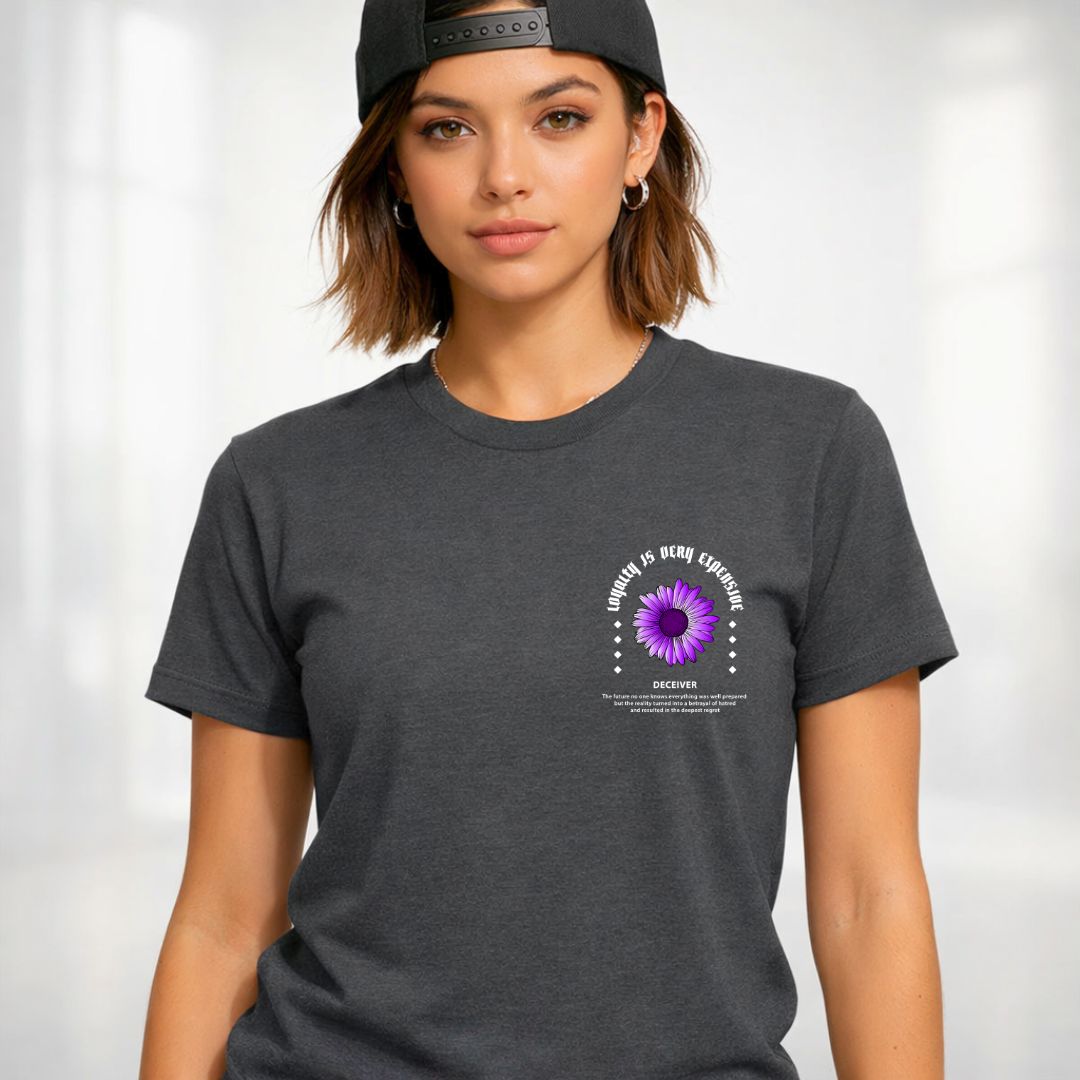 Loyalty Is Very Expensive Streetwear Tee with fractured diamond on model