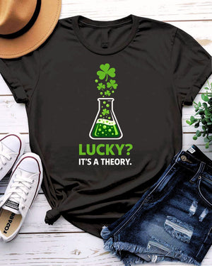 Lucky Its a Theory St. Patrick's Day Tee with scientific clover experiment on model