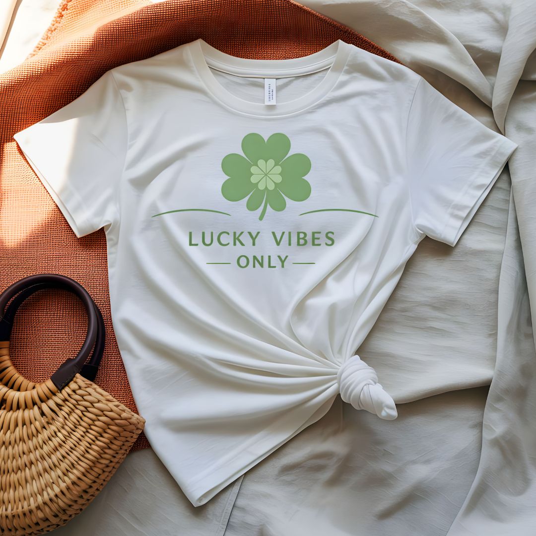 Lucky vibes only tee four leaf clover script design