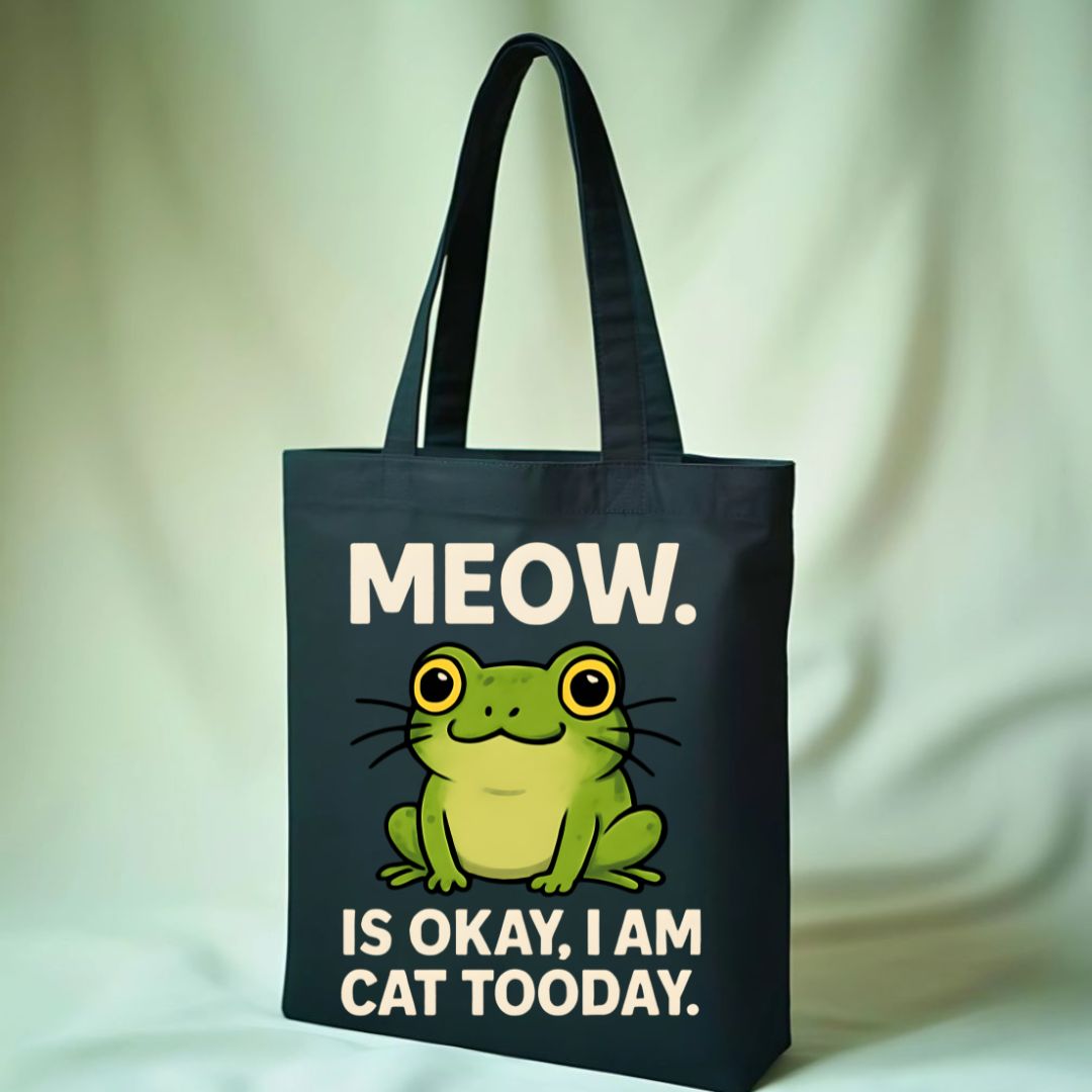 MEOW Frog Tote Bag with speak meow design