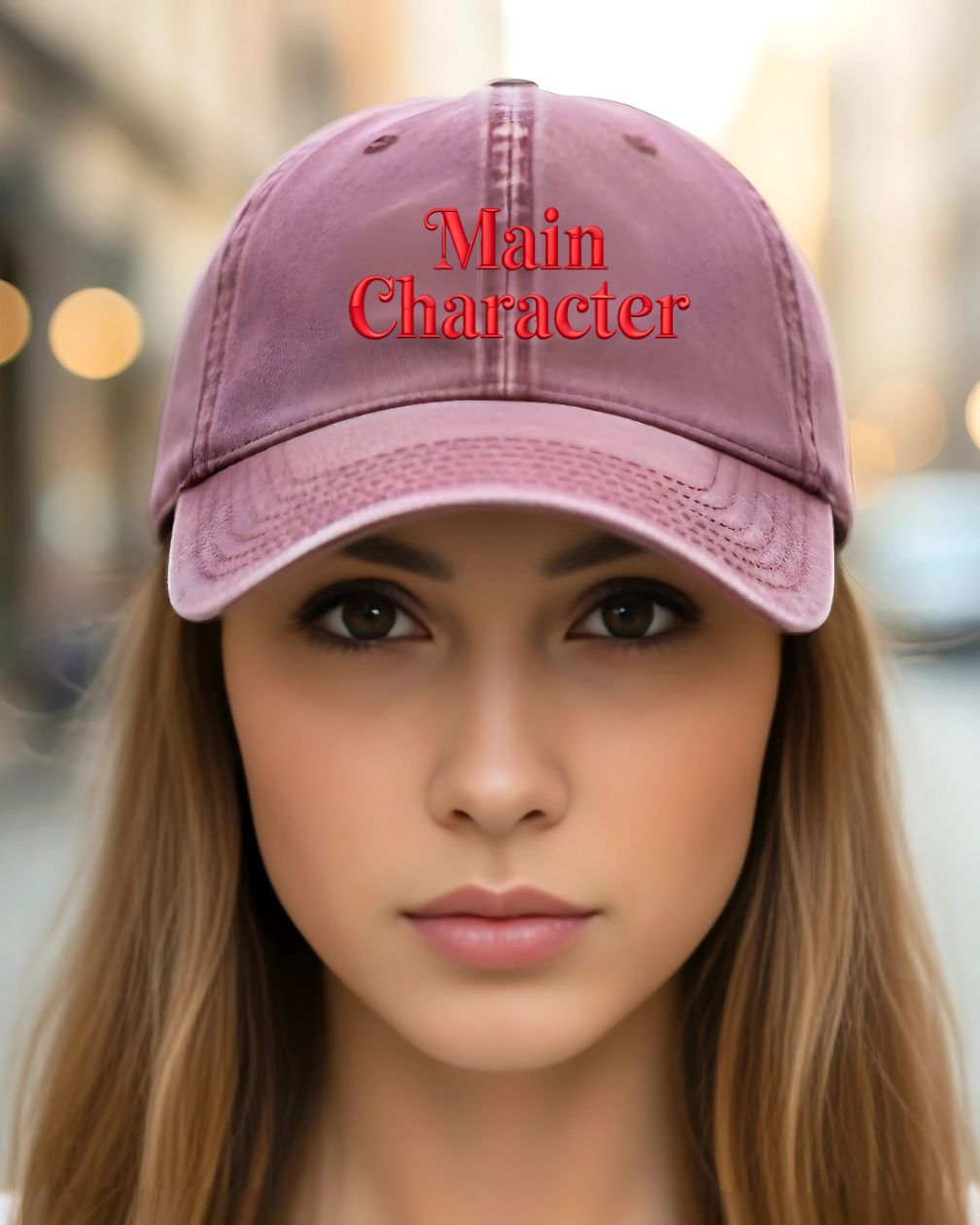 Typographical embroidered cap with Main Character design