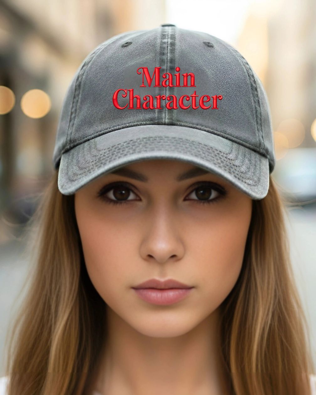 Typographical embroidered cap with Main Character design