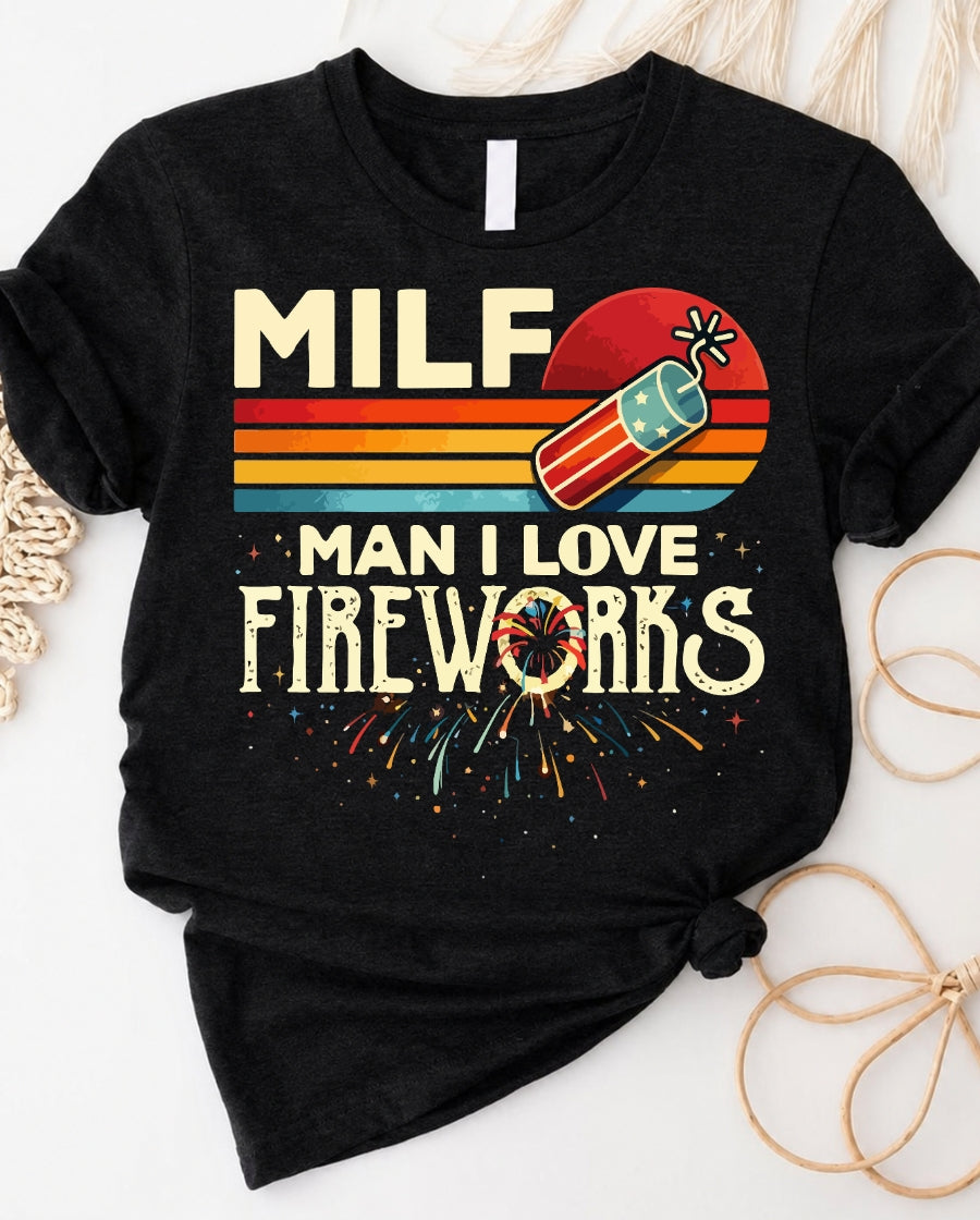 Man in fireworks 4th july tee with bold patriotic firework graphic