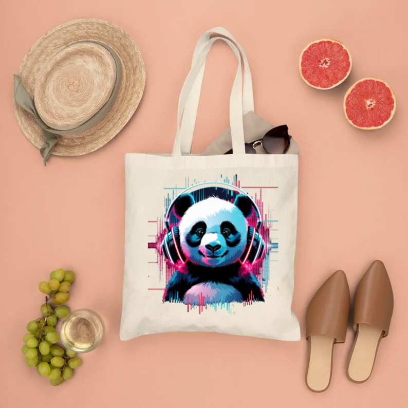 “Meme-style music panda tote for music lovers”