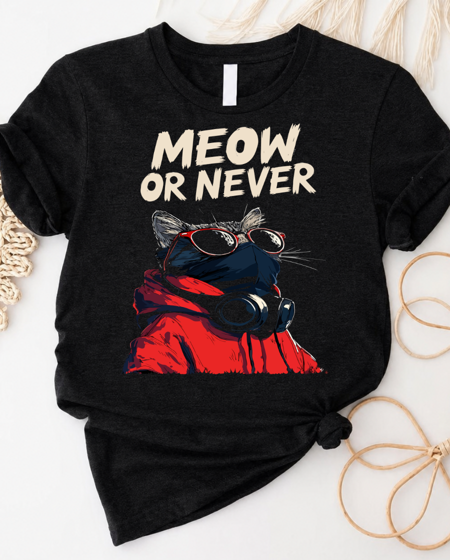 Meow or never raccoon t-shirt with funny pun and raccoon graphic