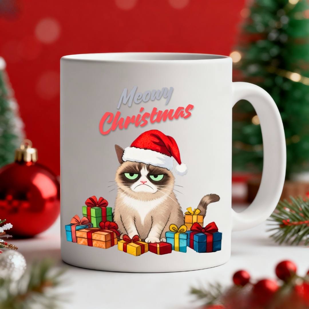 Meowy Christmas Coffee Mug – funny cat lover Christmas meme mug, festive ceramic coffee cup for holiday humor by Memez.Store.”
