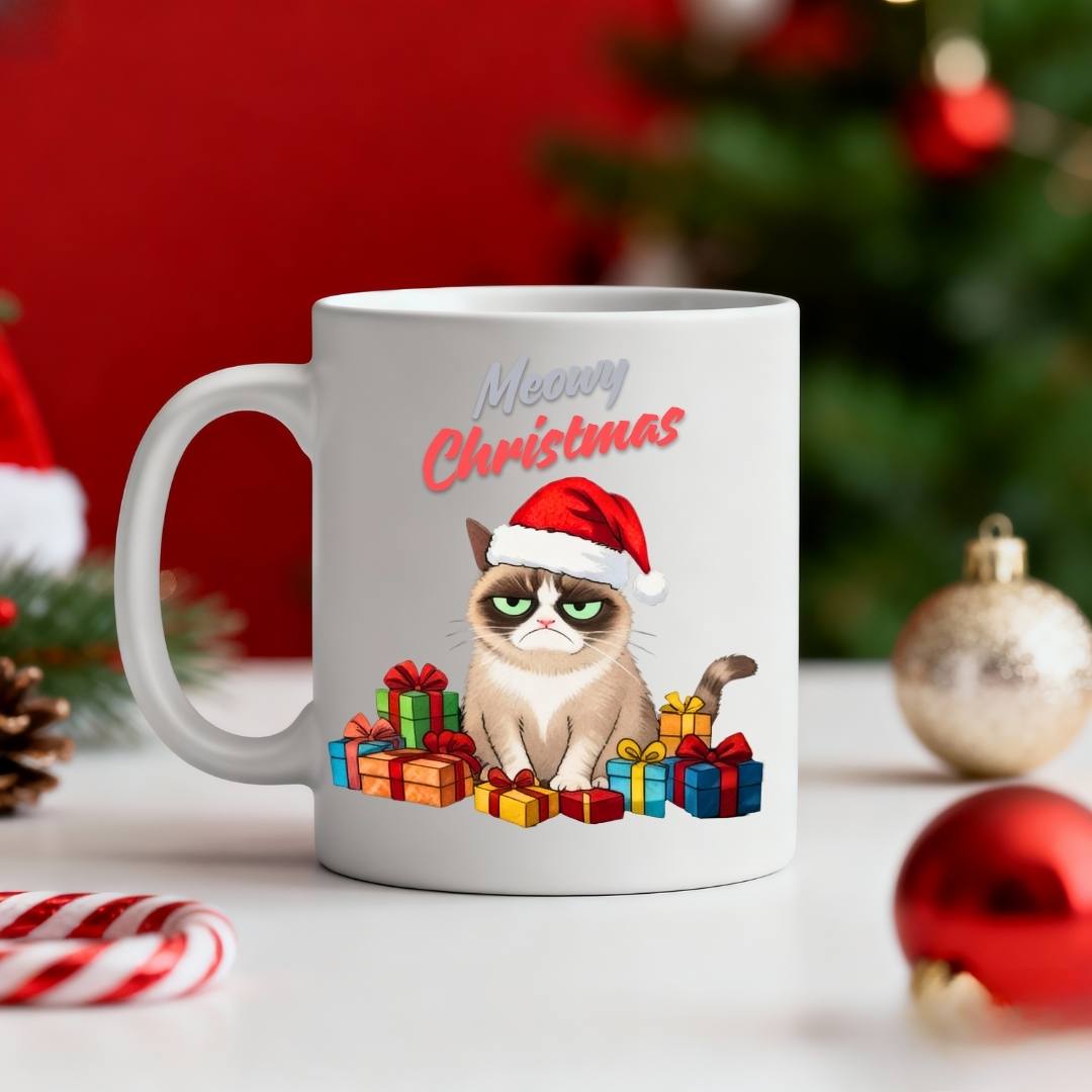 Meowy Christmas Coffee Mug – funny cat lover Christmas meme mug, festive ceramic coffee cup for holiday humor by Memez.Store.”