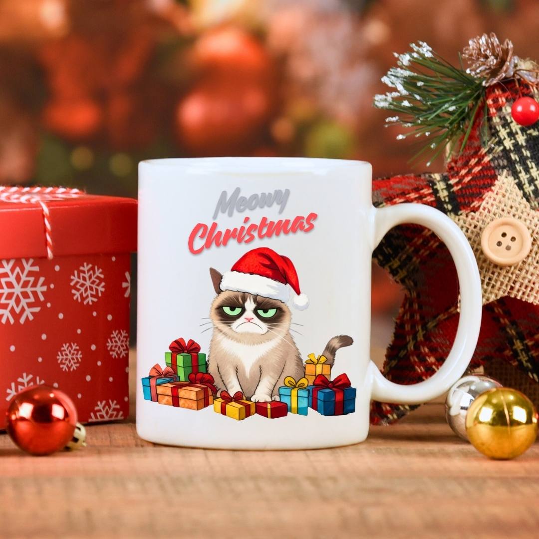 Meowy Christmas Coffee Mug – funny cat lover Christmas meme mug, festive ceramic coffee cup for holiday humor by Memez.Store.”