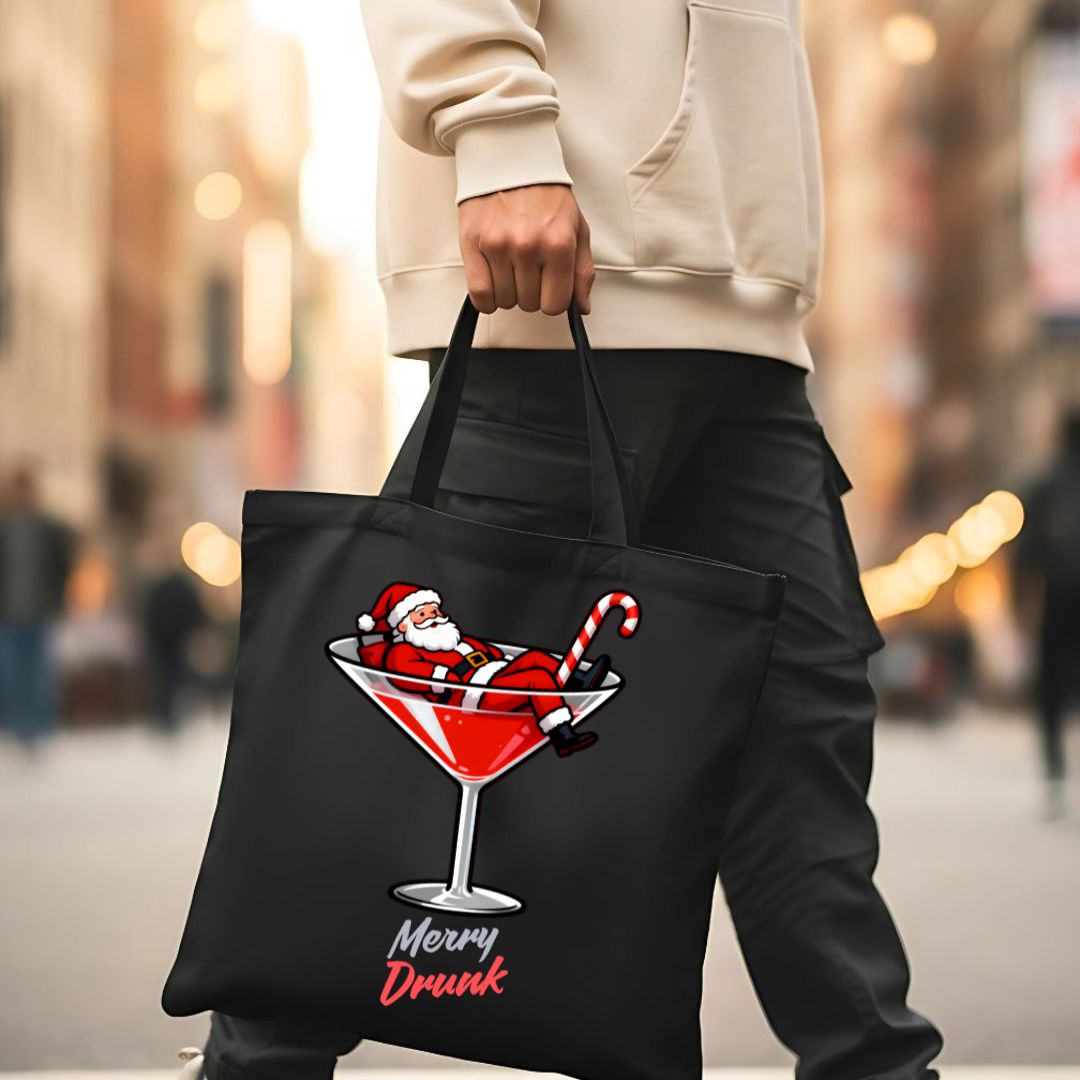 Merry Drunk Tote Bag with festive holiday lettering