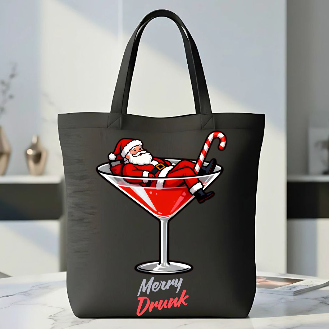 Merry Drunk Tote Bag with festive holiday lettering