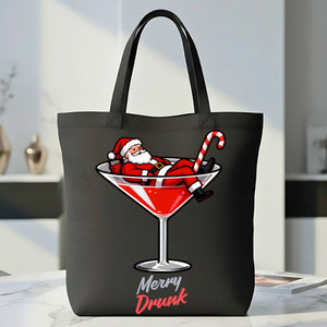 Merry Drunk Tote Bag with festive holiday lettering