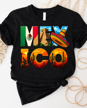 Mexico tee with retro travel graphic and vibrant vacation design