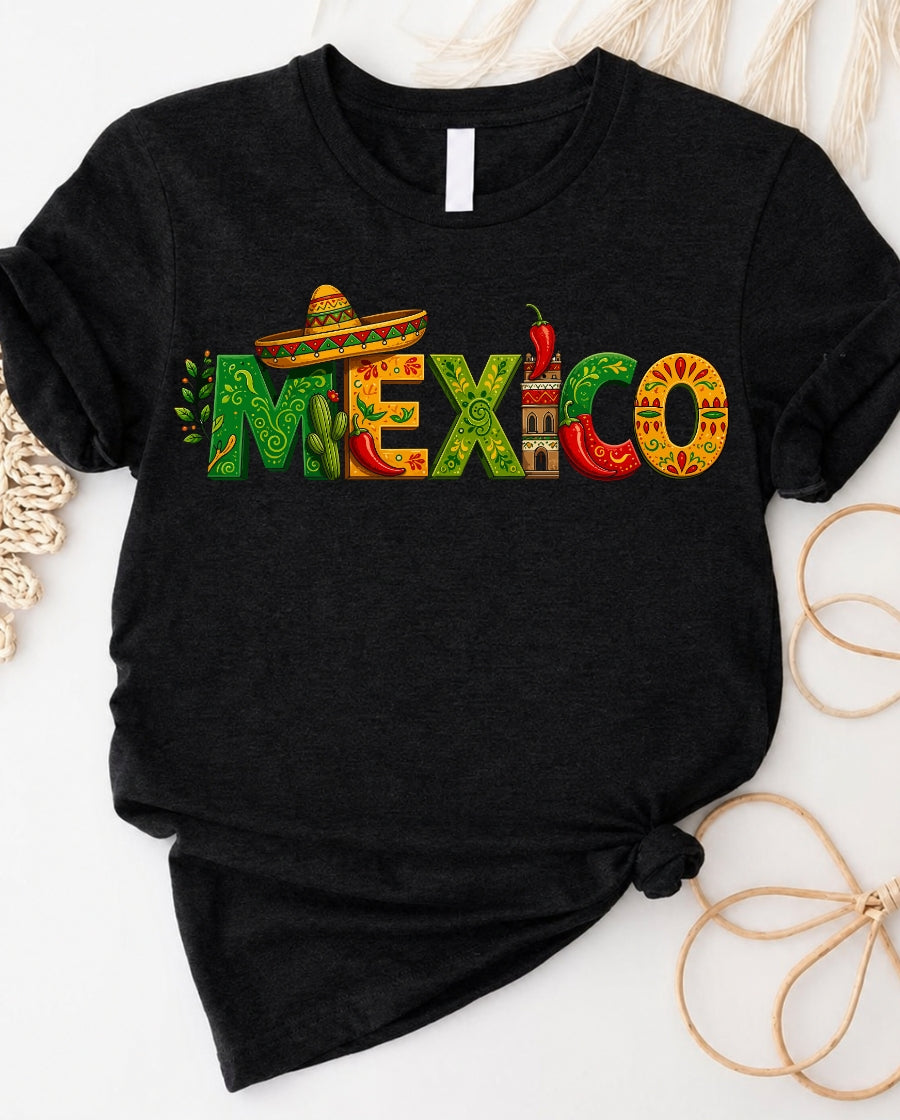 Mexico traditional design t-shirt with huichol inspired hummingbird and cactus graphic