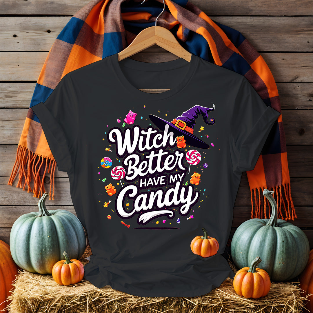Model laughing in Funny Halloween Tee holding candy