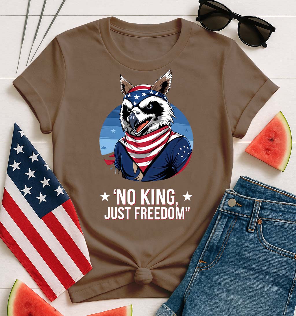 Model wearing No King Just Freedom Funny Meme Tee by Memez Store – bold block text on soft unisex cotton T-shirt.