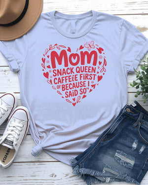Mom Snack Queen Funny Meme Tee front view in pink color