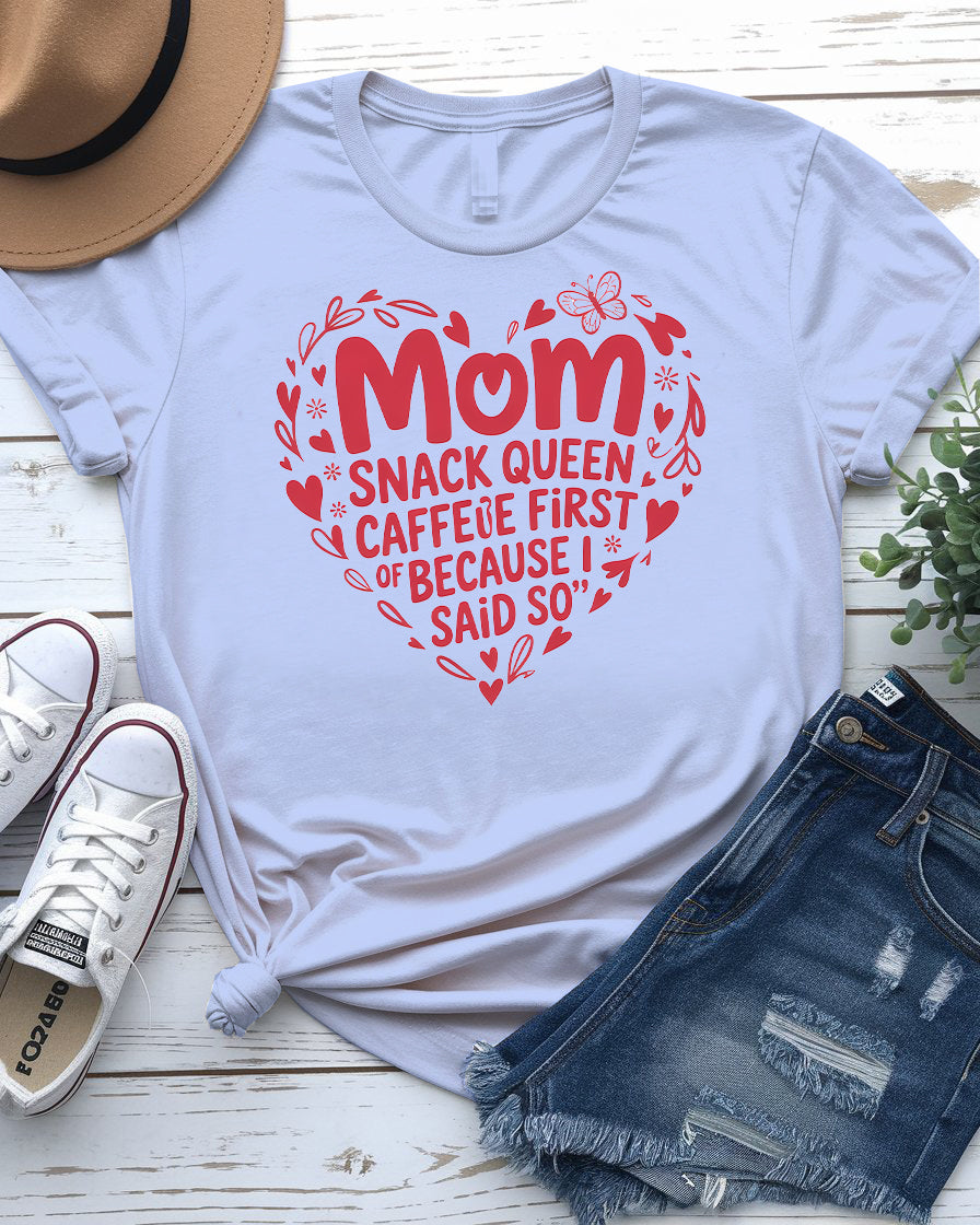 Mom Snack Queen Funny Meme Tee front view in pink color