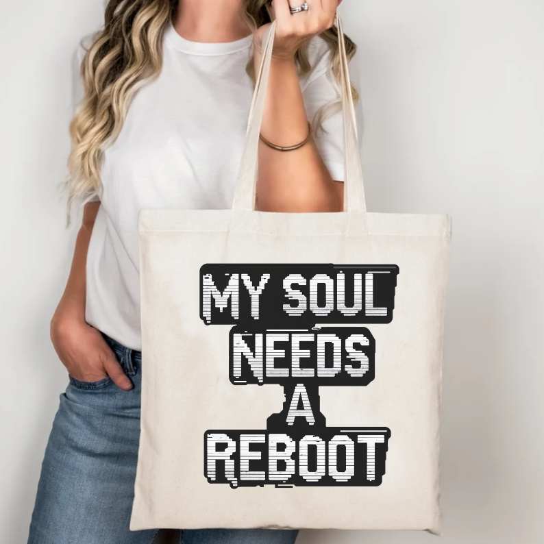 My Soul Needs a Reboot Tote Bag – Funny Tech Meme by Memez Store