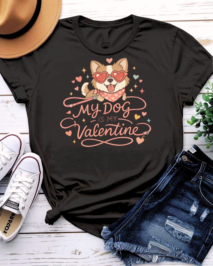 My Dog Is My Valentine t-shirt with cute illustrated dog and heart