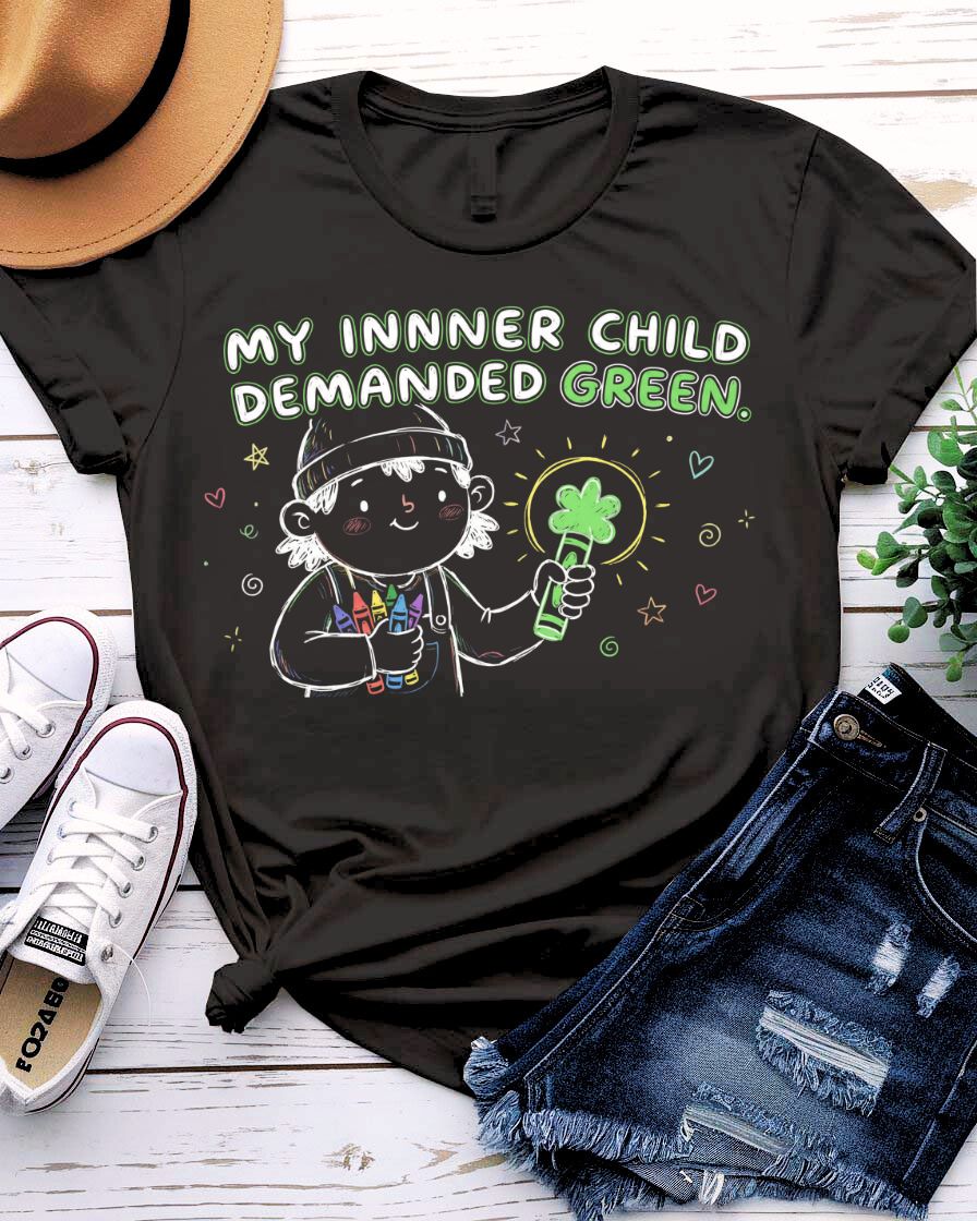 My Inner Child Demanded Green St. Patrick's Day Tee with jumping kid silhouette on model