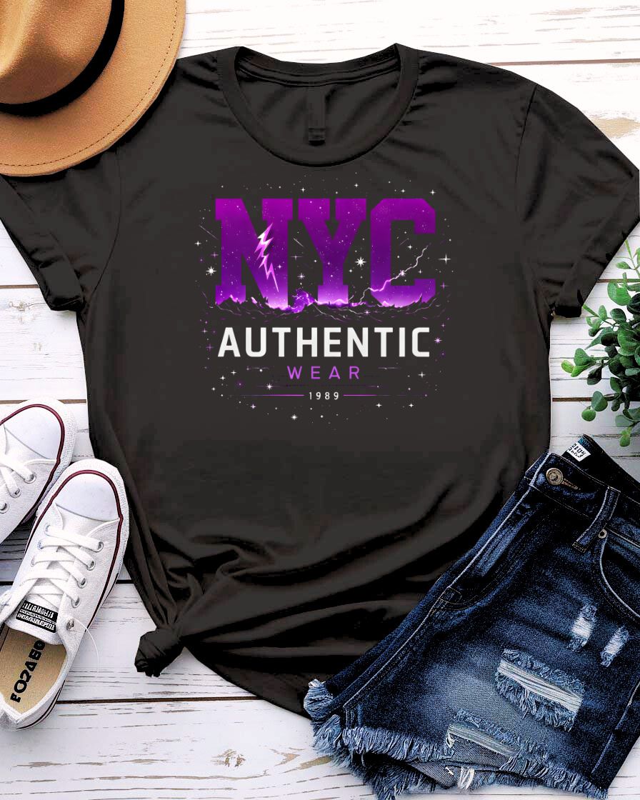 NYC Authentic Streetwear Tee with gritty skyline and graffiti on model