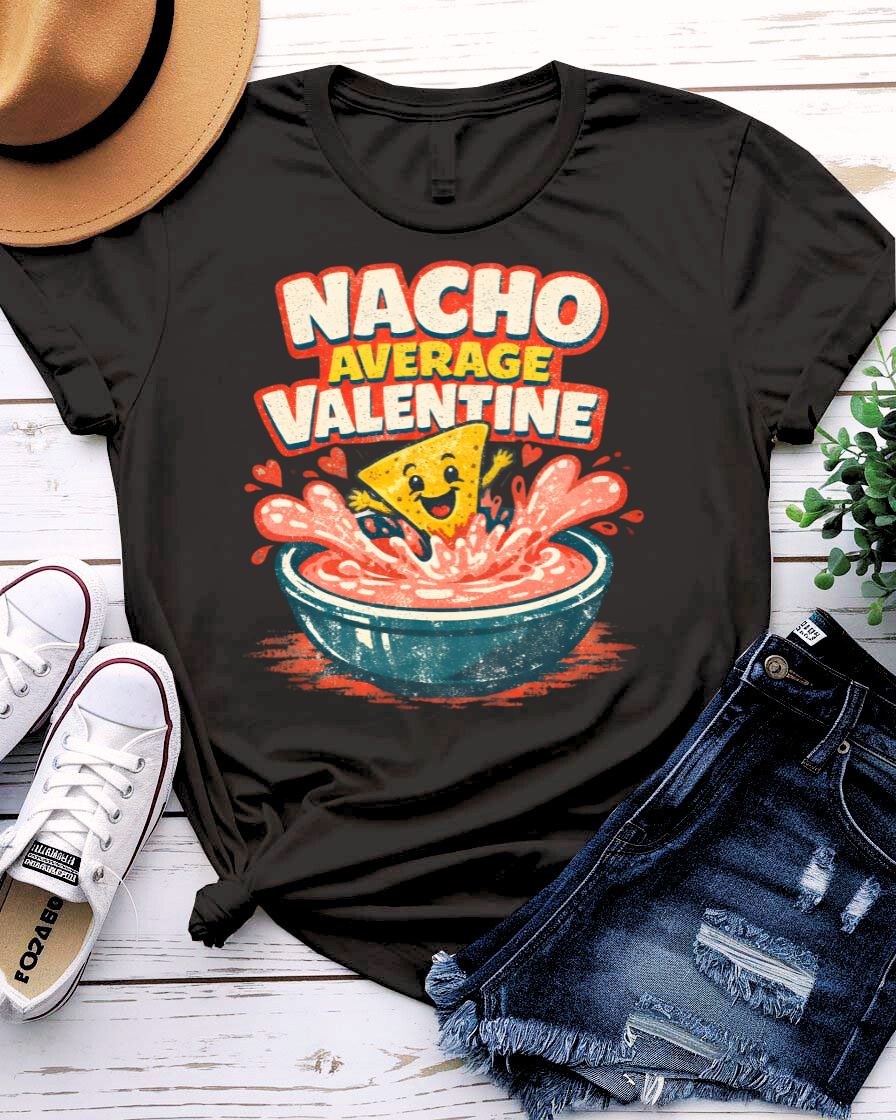 Nacho Average Valentine Tee with punny text and heart-shaped nacho graphic