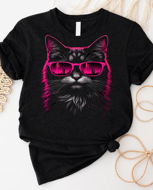 Neon cool cat with pink sunglasses graphic t-shirt featuring a stylish feline in retro design