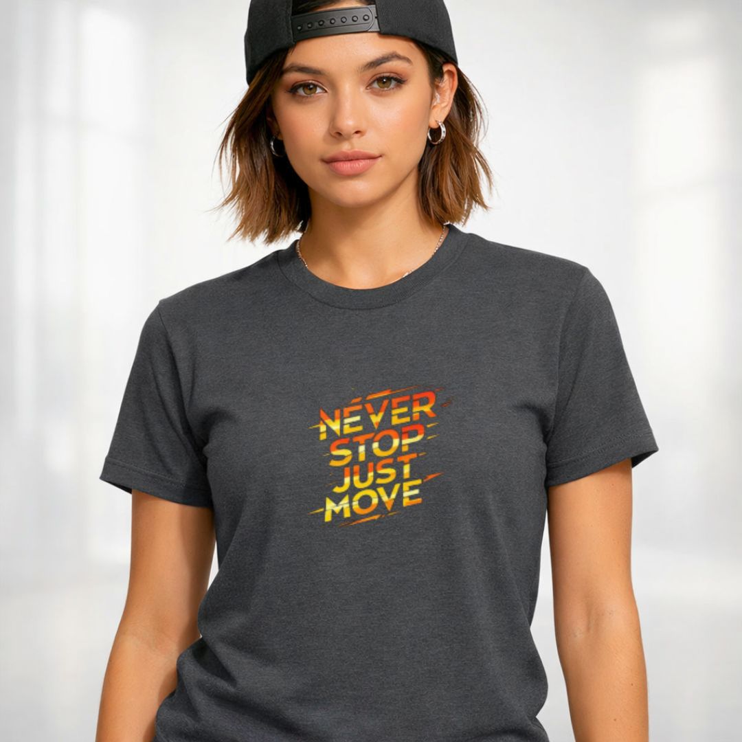 Never Stop Just Move Streetwear Tee with figure in motion on model