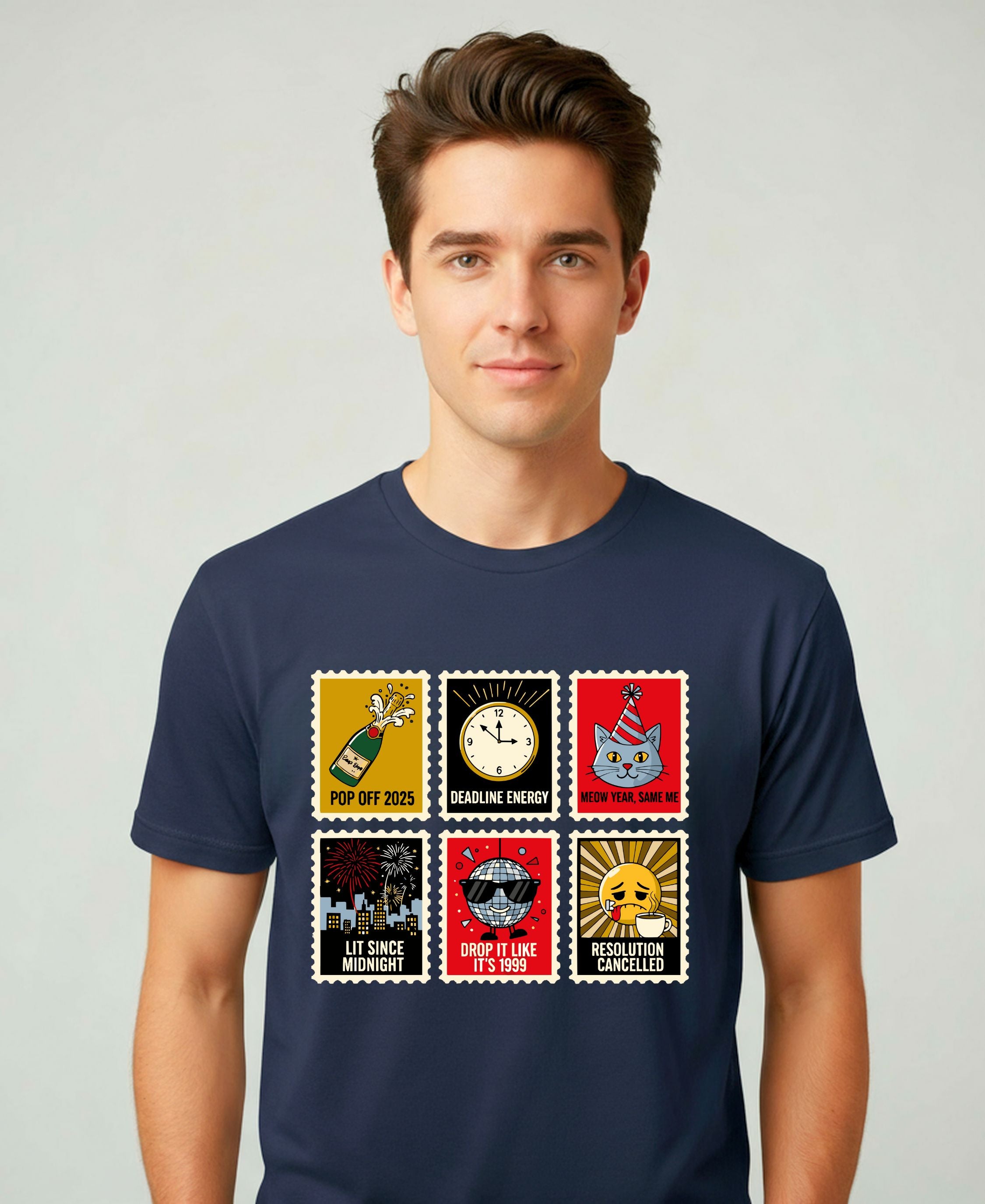 New Year Stamp Collection Meme Funny Tee – funny New Year 2025 meme t-shirt with retro stamp collage design”
