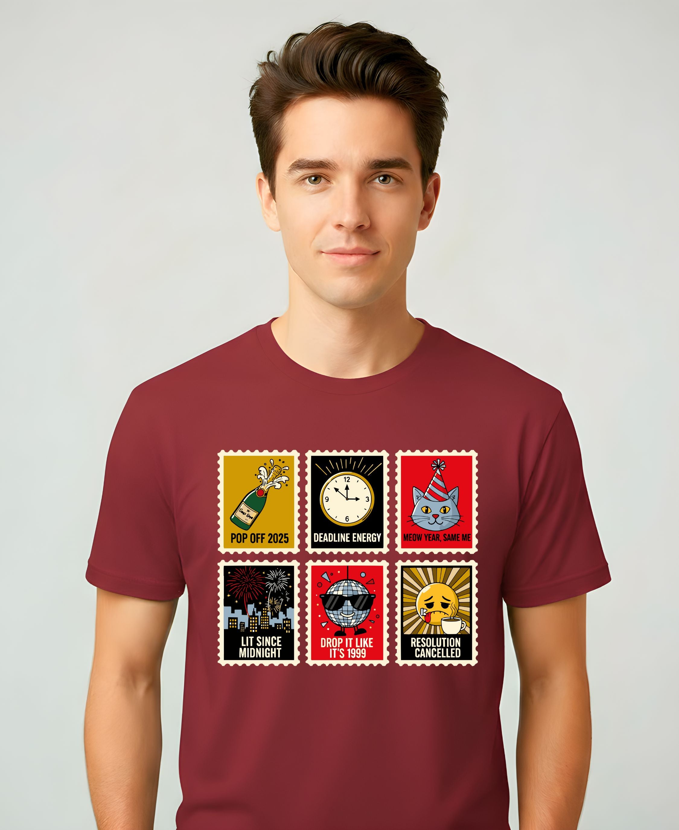 New Year Stamp Collection Meme Funny Tee – funny New Year 2025 meme t-shirt with retro stamp collage design”