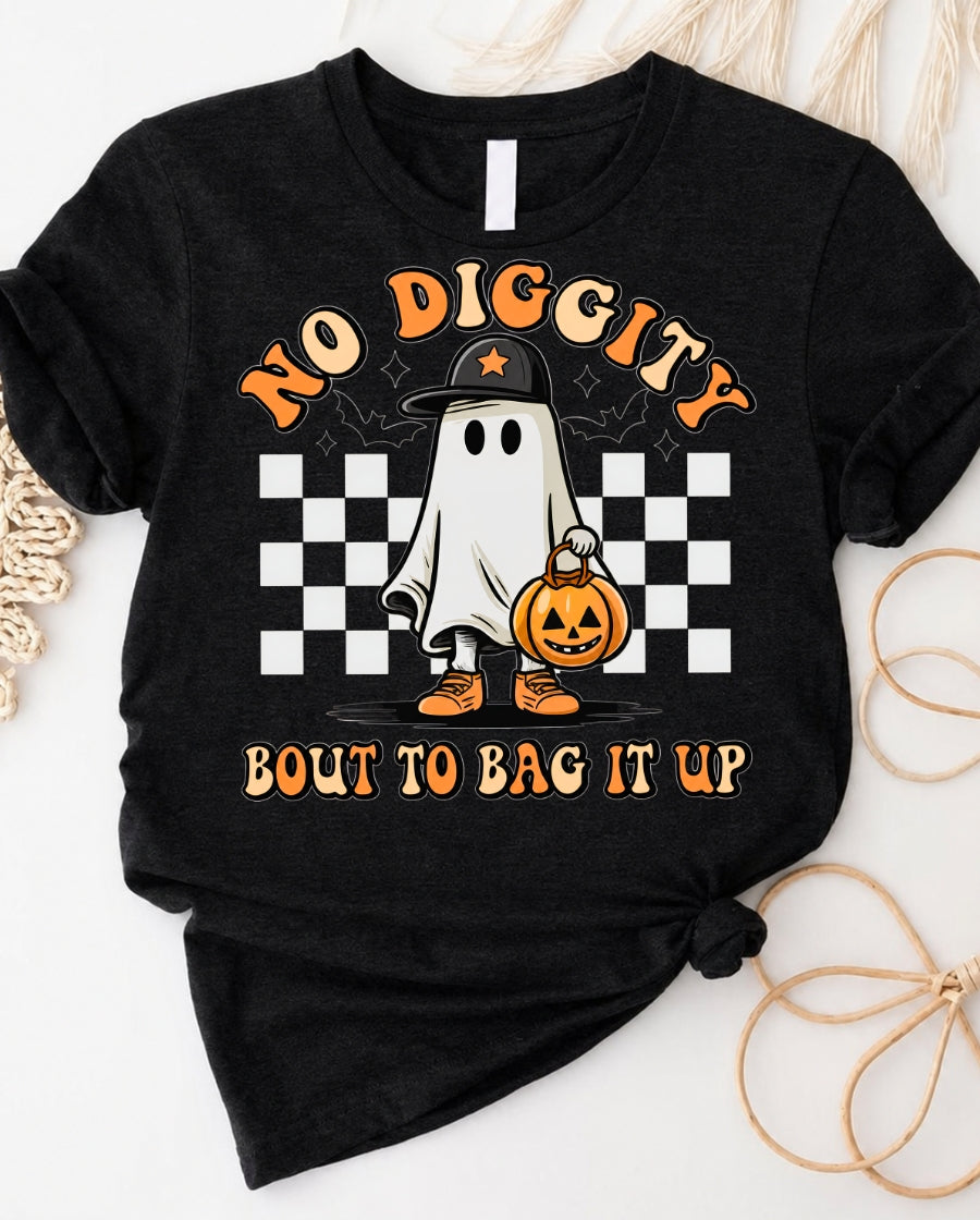 No diggity bout to bag it up halloween t-shirt with cute ghost and candy bucket