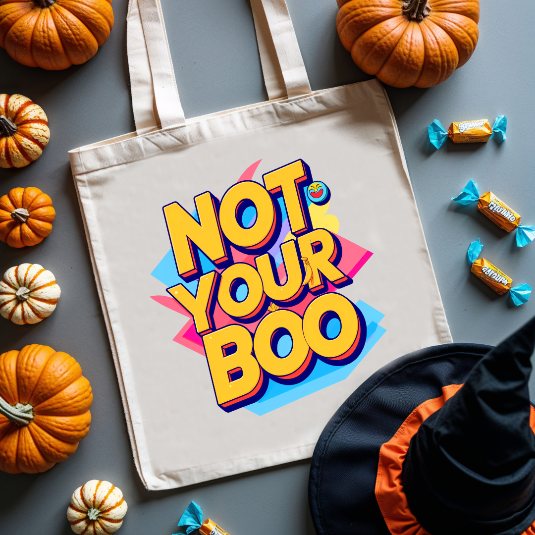 Not Your Boo Halloween Tote Bag featuring bold ghost-themed text design by Memez Store