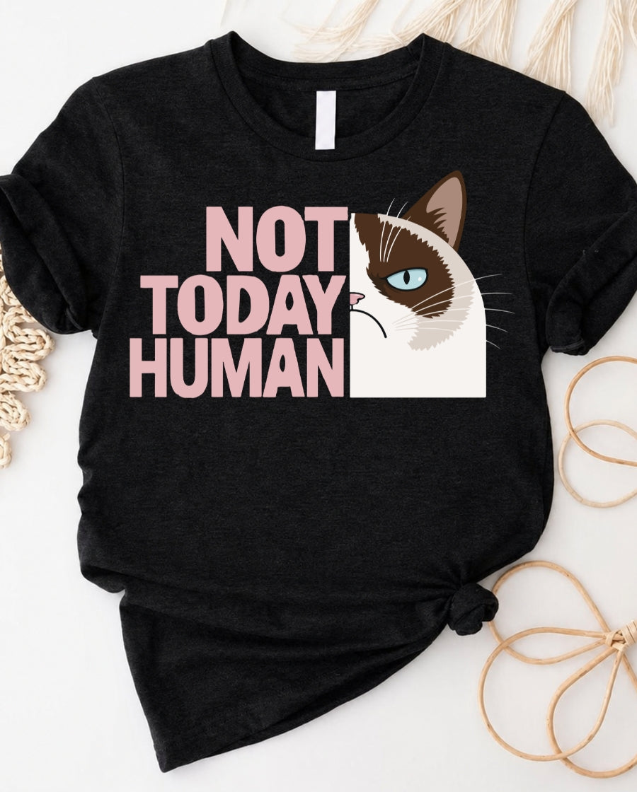 Not today human cat lovers tee with aloof cat graphic front view