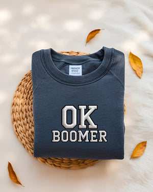 Unisex Gildan 18000 sweatshirt with OK Boomer embroidery