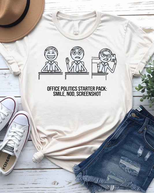 Office worker wearing Office Politics Starter Pack Tee