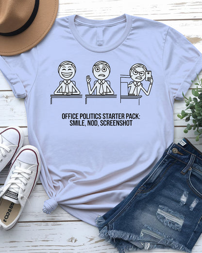 Office worker wearing Office Politics Starter Pack Tee