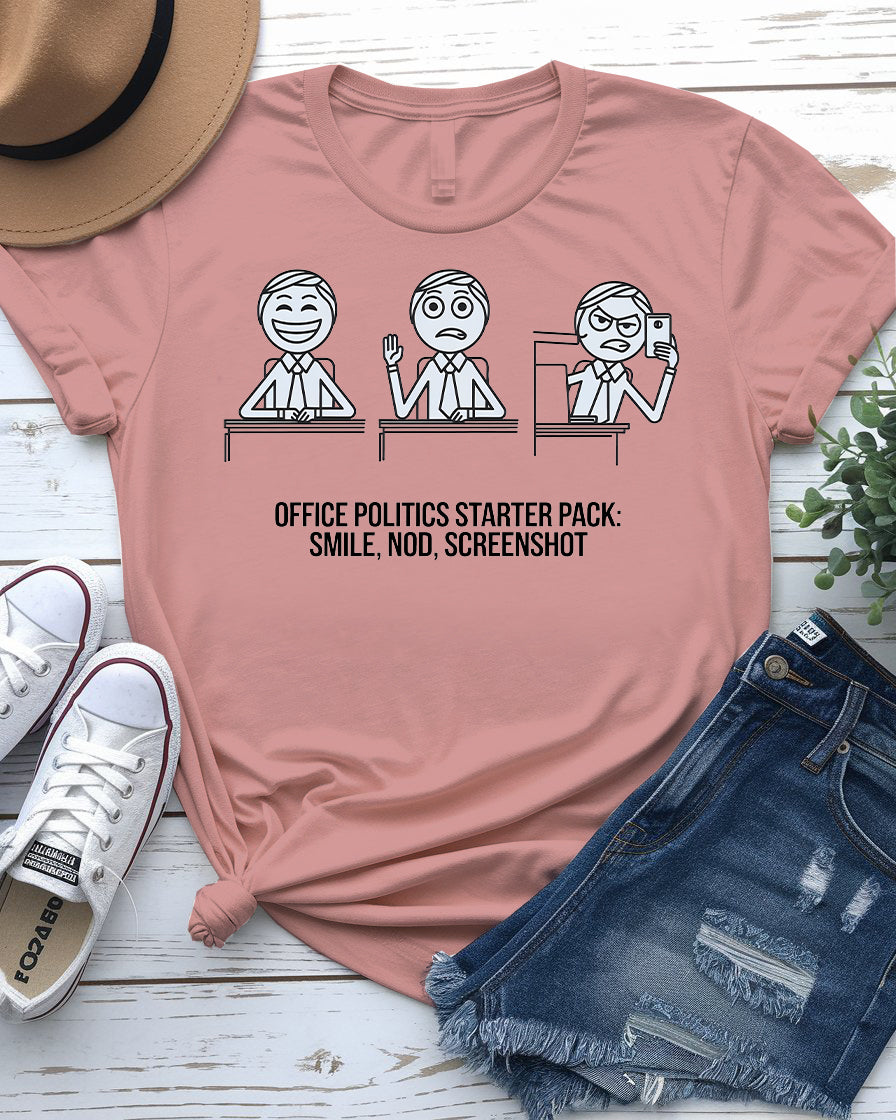 Office worker wearing Office Politics Starter Pack Tee