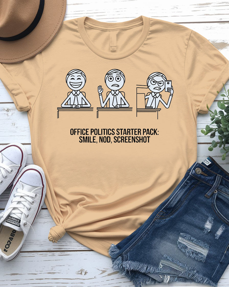 Office worker wearing Office Politics Starter Pack Tee