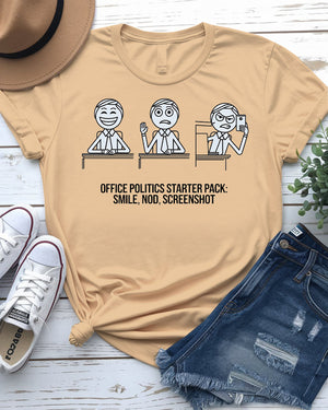 Office worker wearing Office Politics Starter Pack Tee