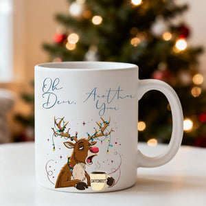 Oh Deer Another Year Funny Coffee Mug – Christmas meme ceramic mug with deer graphic and humorous quote by Memez.Store