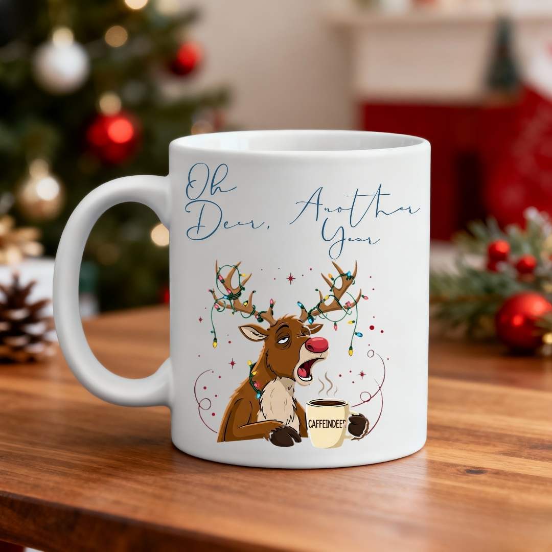 Oh Deer Another Year Funny Coffee Mug – Christmas meme ceramic mug with deer graphic and humorous quote by Memez.Store